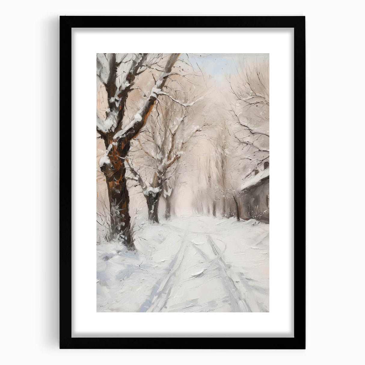 Black-framed landscape artwork with a white mat showcasing a serene nature scene, ideal for home decor or office settings, enhancing ambiance and style.