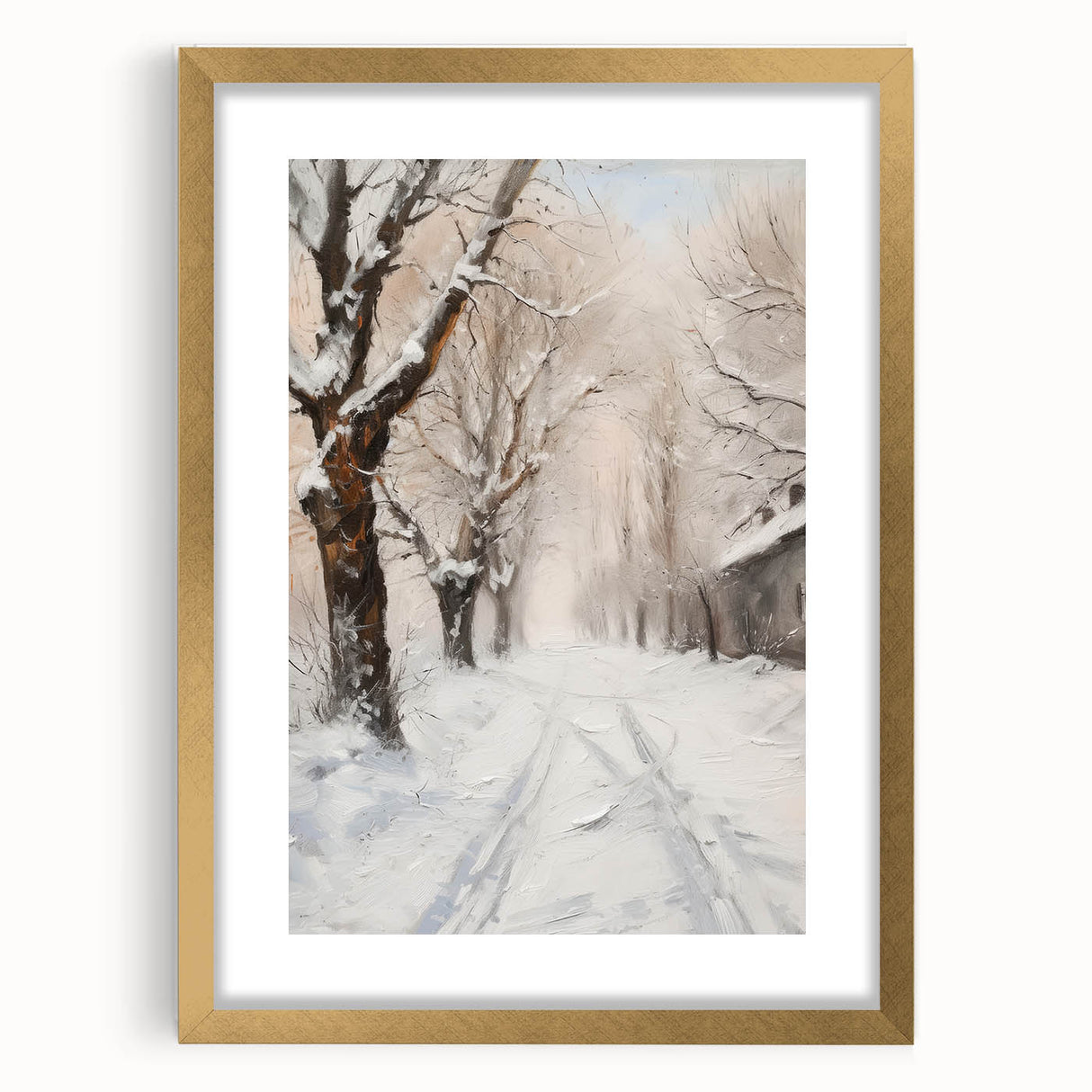 Elegant gold-framed landscape artwork with a white mat, showcasing a serene mountain scene, perfect for home decor or office aesthetics, enhancing any interior space.