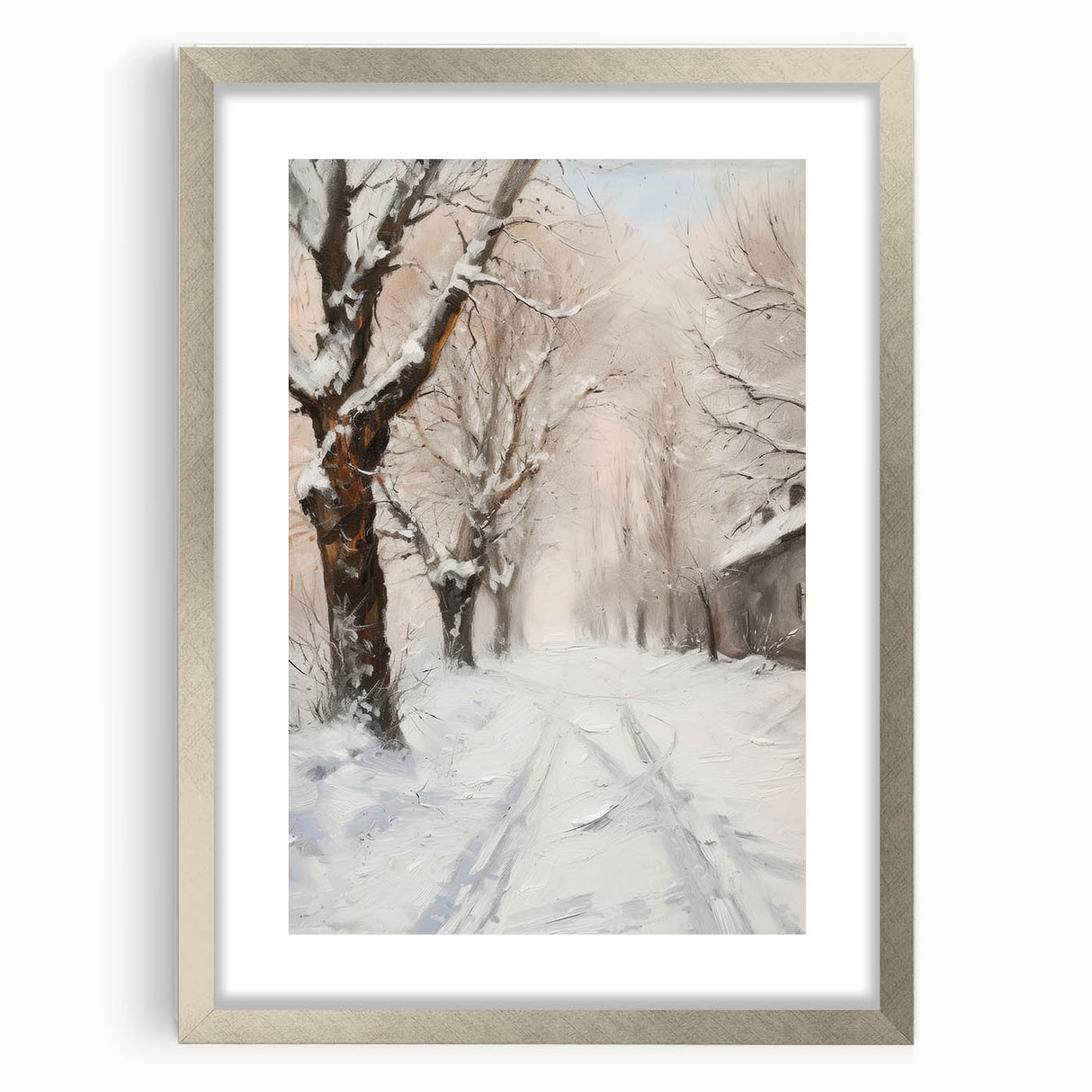 Framed landscape artwork with a silver mat and sleek frame, showcasing a serene nature scene, perfect for home decor or office spaces, enhancing any interior aesthetic.