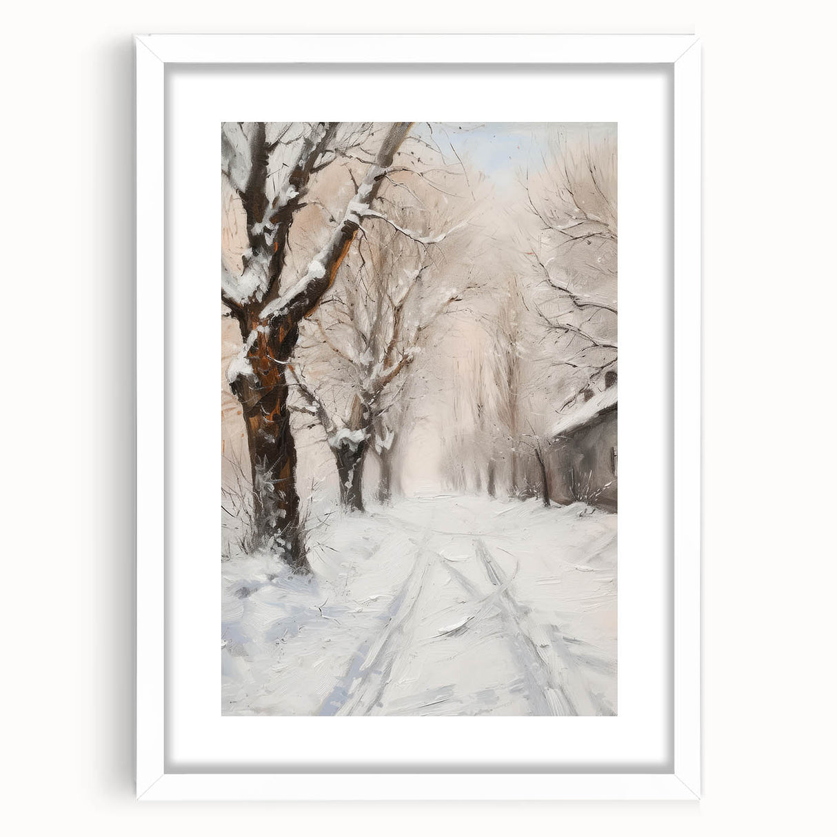 Elegant white frame with a mat showcasing a scenic landscape artwork, featuring vibrant colors and details perfect for home decor, enhancing any interior space.