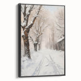 Framed canvas artwork featuring a serene landscape design, displayed from the side to highlight the sleek black frame. Ideal for modern home decor, adding elegance and tranquility to any room.