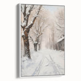 Framed canvas artwork showcasing a serene landscape scene with vibrant colors, displayed with a white frame, ideal for home decor or office settings.