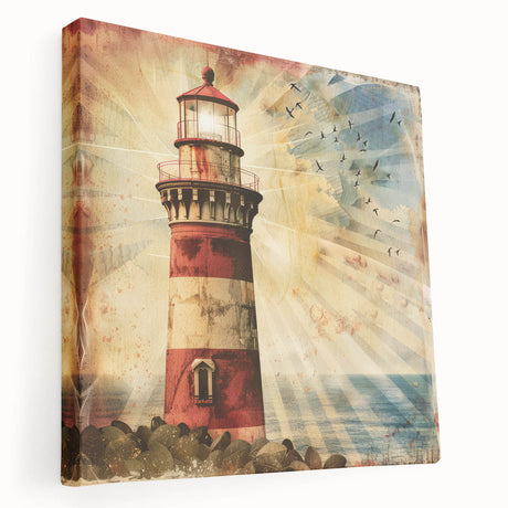 Stretched canvas artwork depicting a serene lighthouse landscape, showcasing vibrant colors and intricate details, perfect for coastal-themed decor.