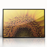 Large abstract wall art featuring vibrant orange and yellow floral patterns on a black background, framed in acrylic.