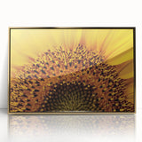 Large art print of close-up floral imagery in soft pastel shades, framed in acrylic with a gold finish.