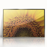 Mid-century modernist art depicting a floral design in vibrant colors on a silver-framed acrylic print.