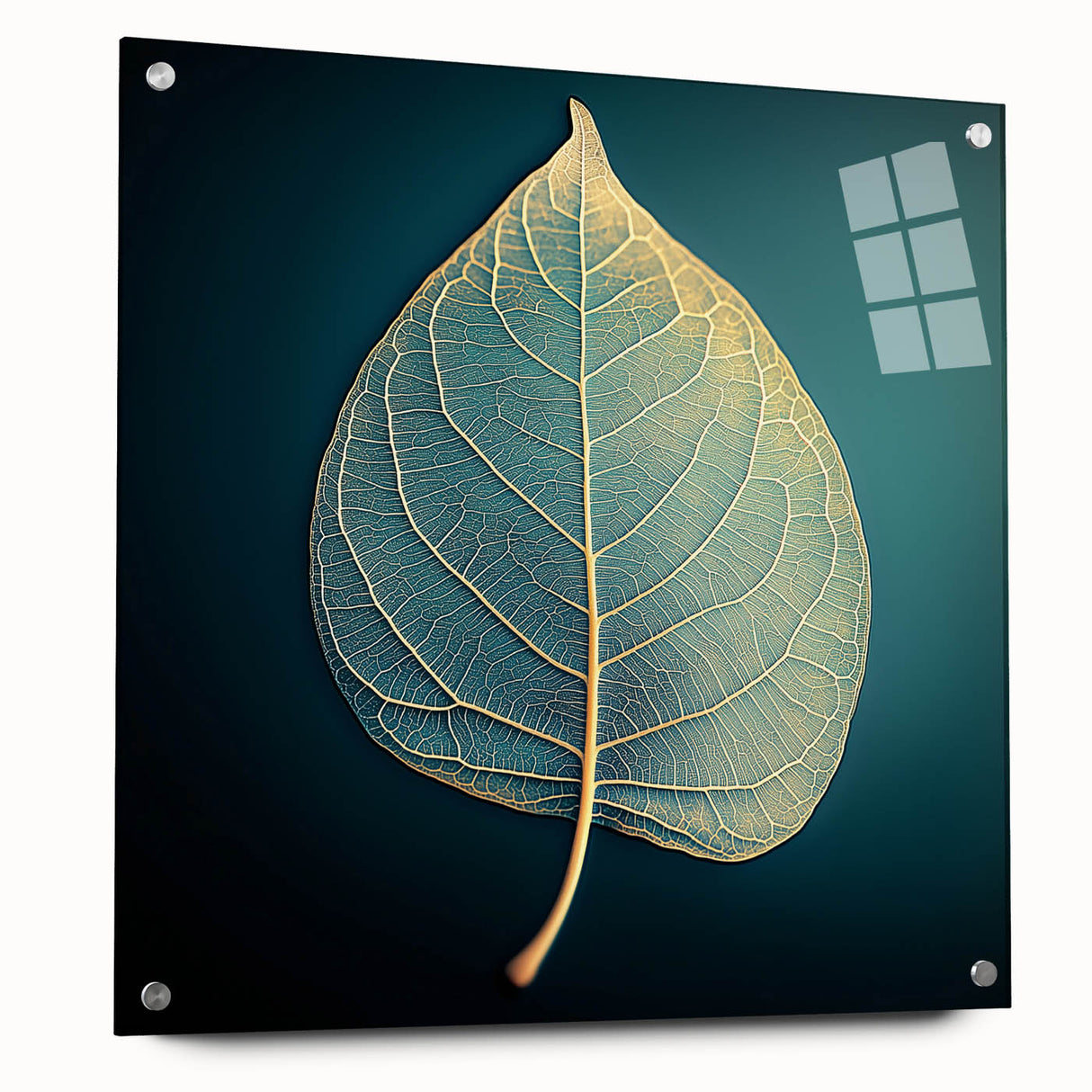 Close-up of green leaves printed on acrylic glass, ideal for dining room or bedroom wall art.