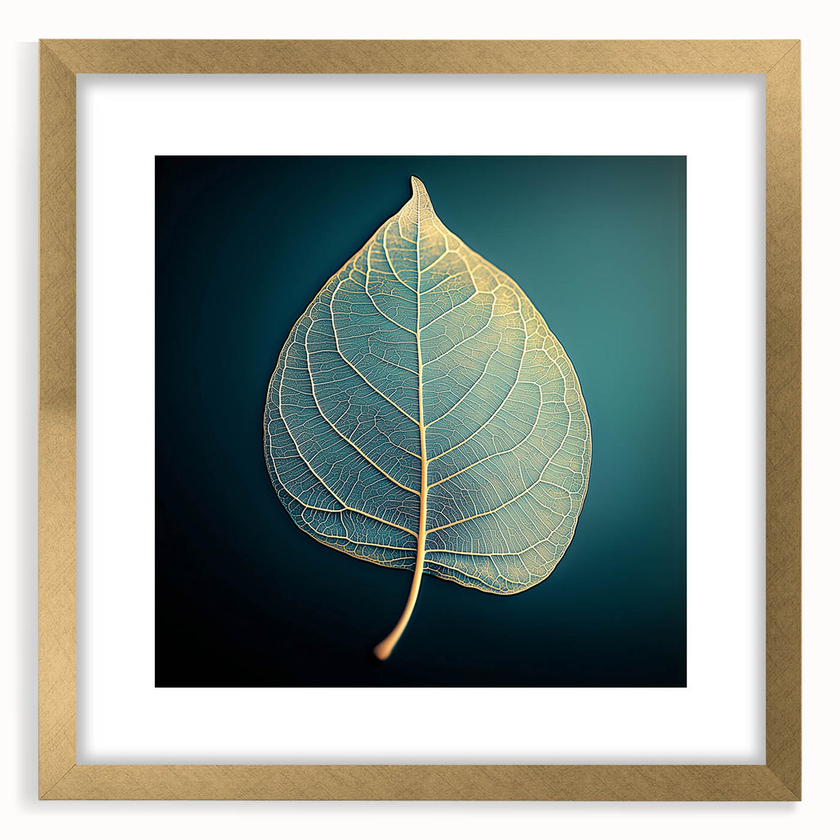 Extra large textured abstract art print featuring close-up of leaves in muted green tones, framed in gold.