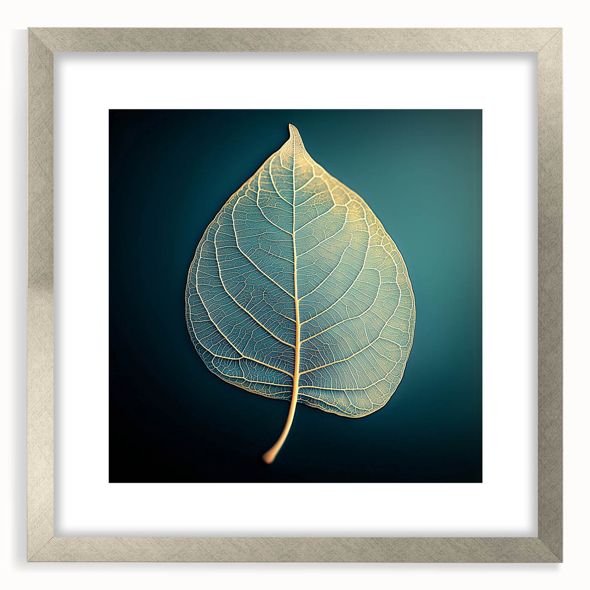 Textured art print of abstract green leaves, framed in silver, ideal for bedroom wall decor.