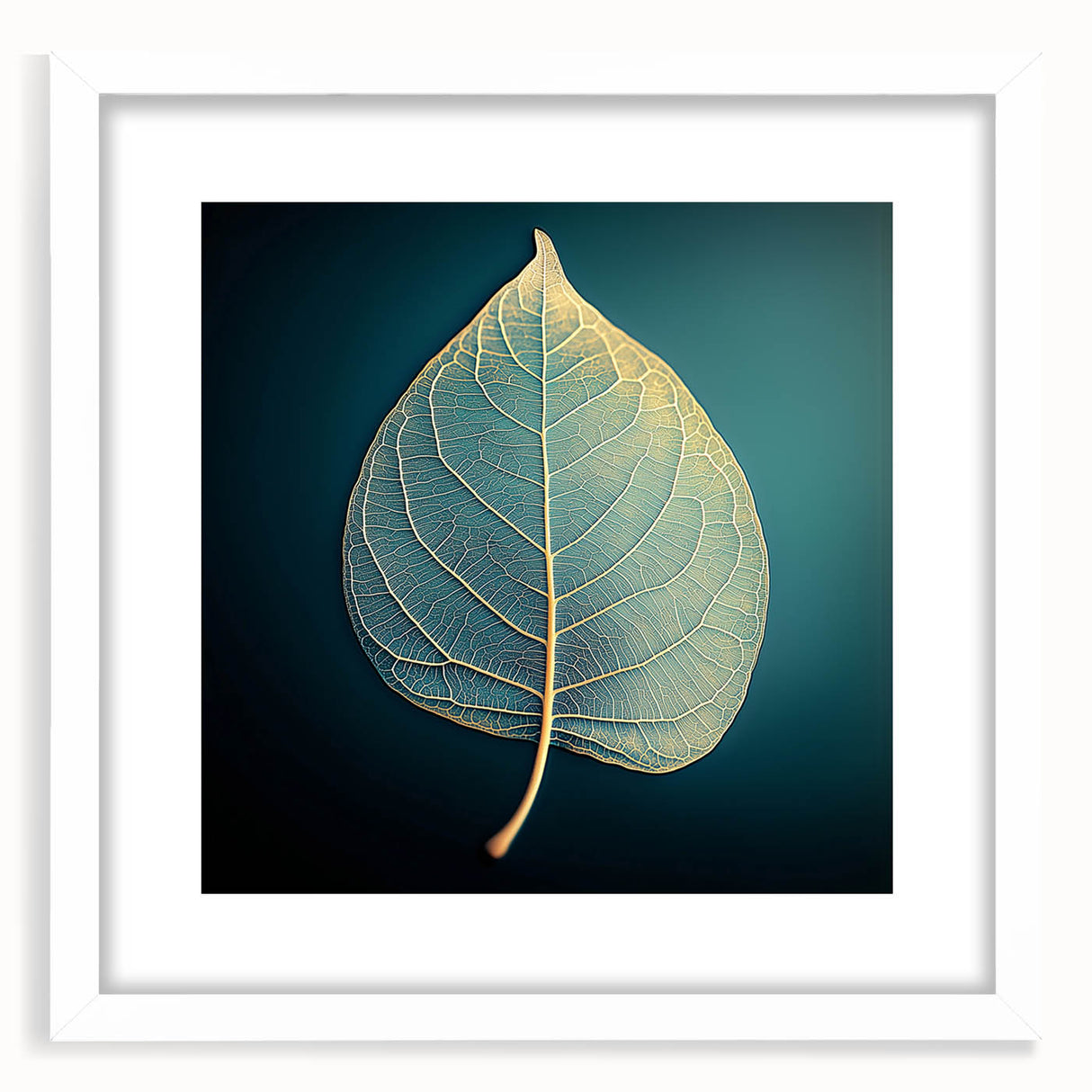 Abstract art print featuring close-up of green leaves, framed in white, ideal for bedroom or dining room decor.