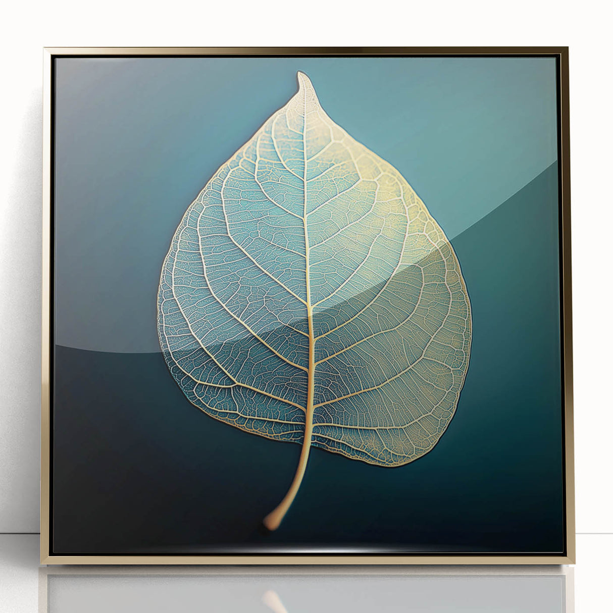 Close-up of leaves in green and gold tones, acrylic print, framed, in mid-century modernist style.
