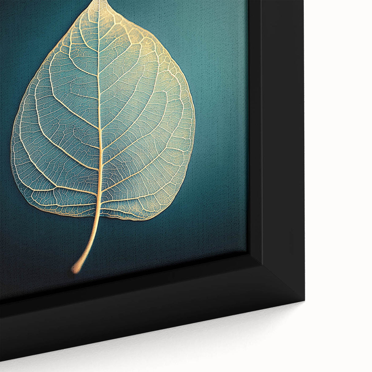 Close-up of textured leaves in black, framed canvas, ideal for living room decor.