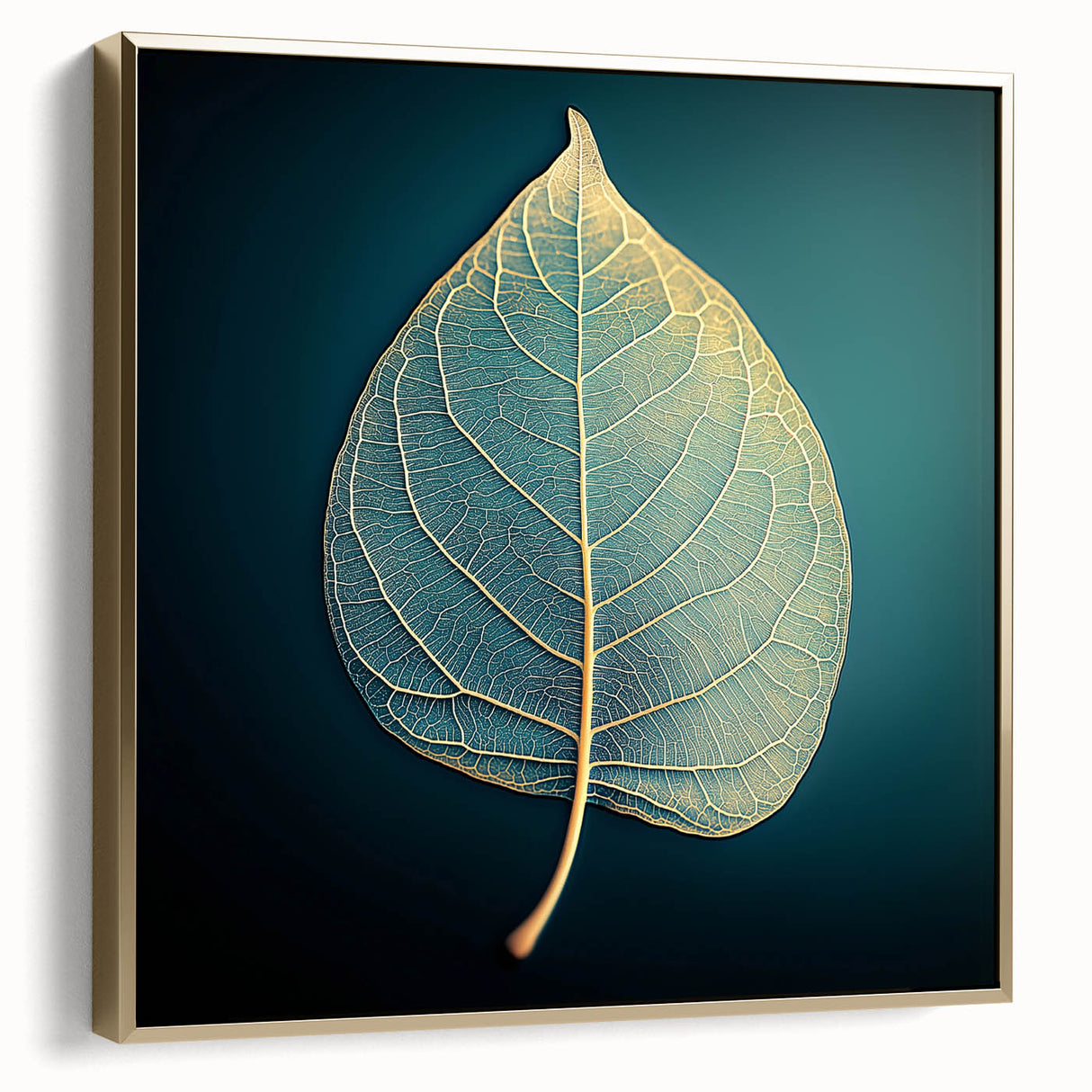 Framed canvas depicting close-up of leaves in silver and gold tones, ideal for bedroom wall art.