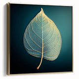 Framed canvas depicting close-up of leaves in silver and gold tones, ideal for bedroom wall art.