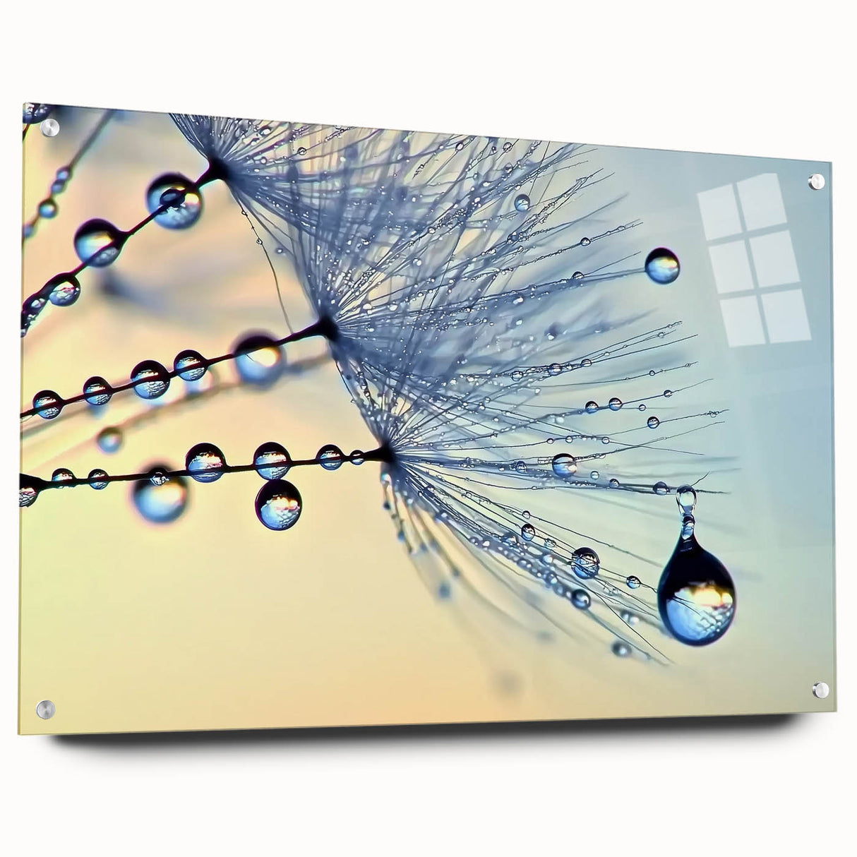 Close-up of a large abstract wall art, featuring swirling water patterns in blue and white on acrylic glass.