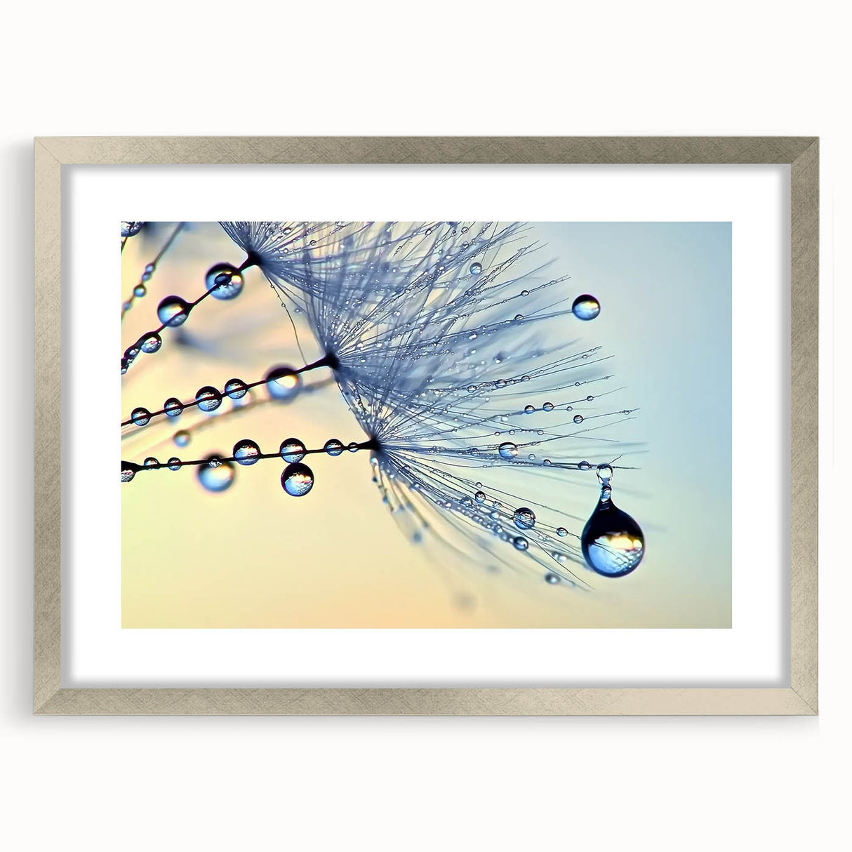 Textured art print of abstract ripples in water, in muted blue and gray tones, framed in silver, ideal for bedroom art.