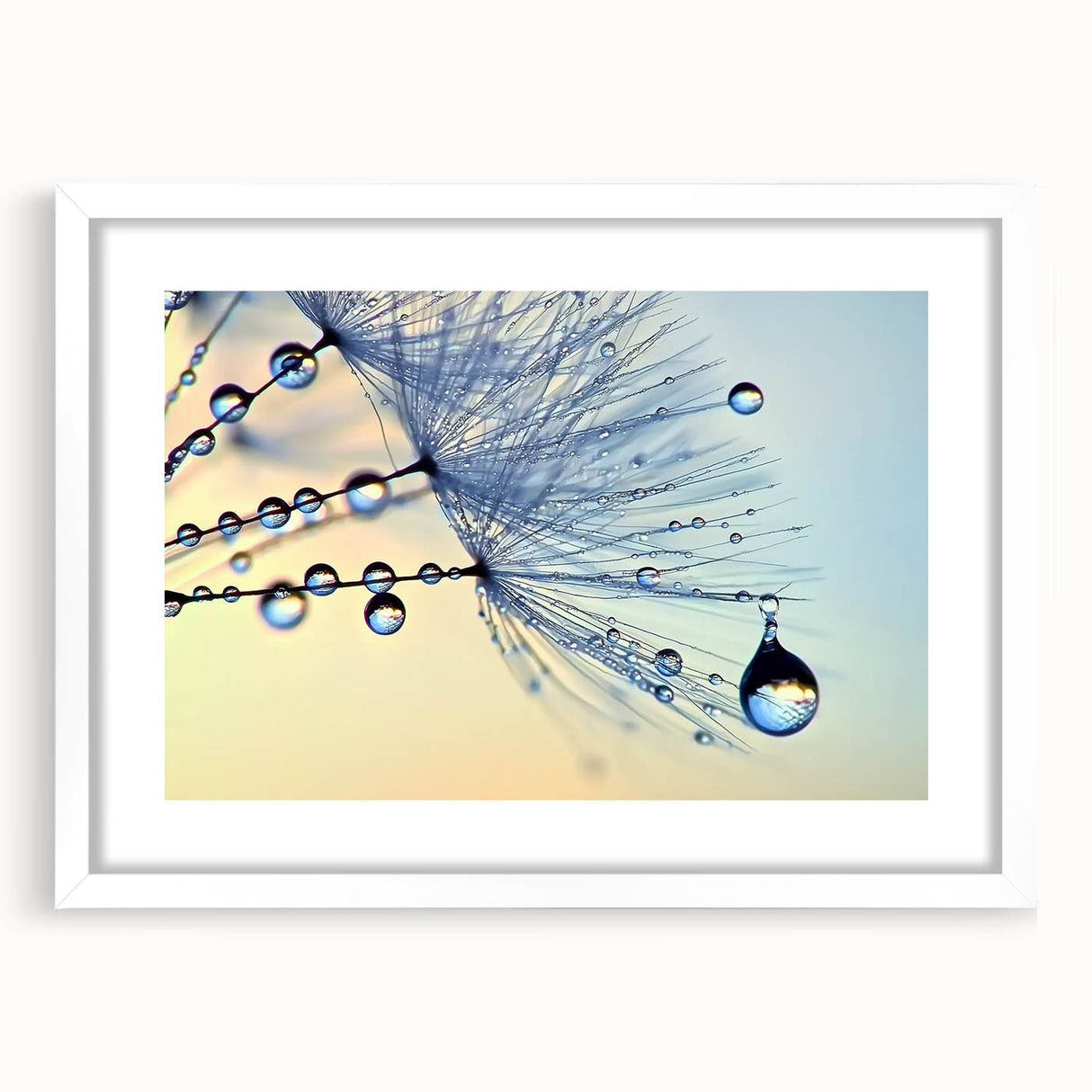 Abstract art print featuring close-up water details in muted blue tones, framed in white.