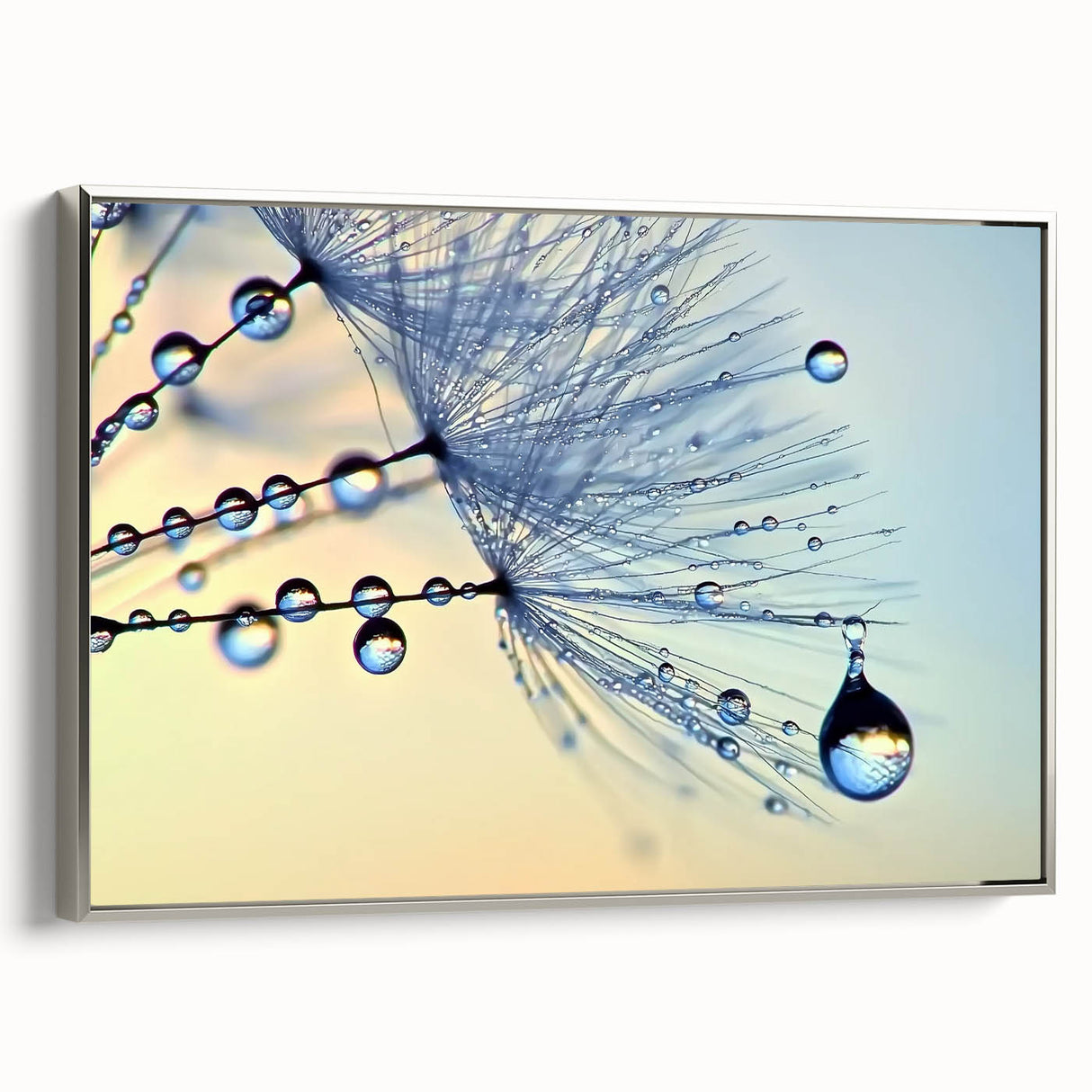 Close-up landscape art painting of water on a framed canvas, featuring a silver frame and vibrant blue tones.