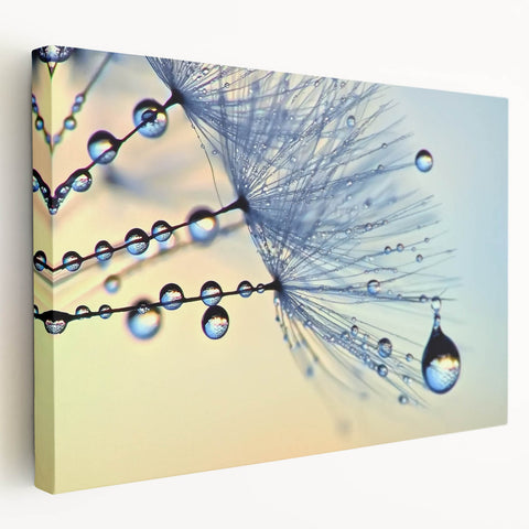 Close-up water droplet imagery on a large stretched canvas, in cool blue and white tones, suitable for kitchen wall art.