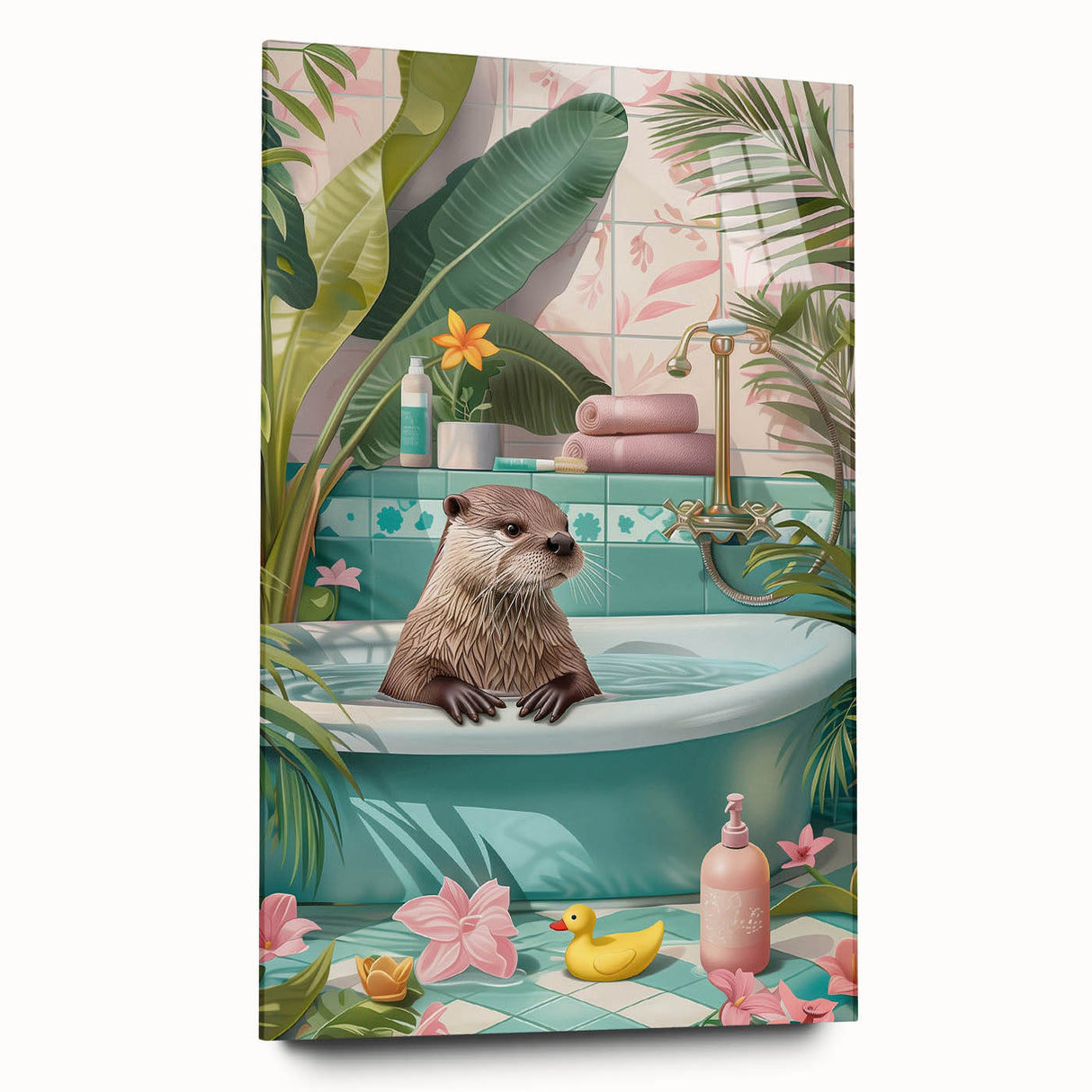 Bathroom Canvas Art - Playful Otter in Tropical Bathtub Scene