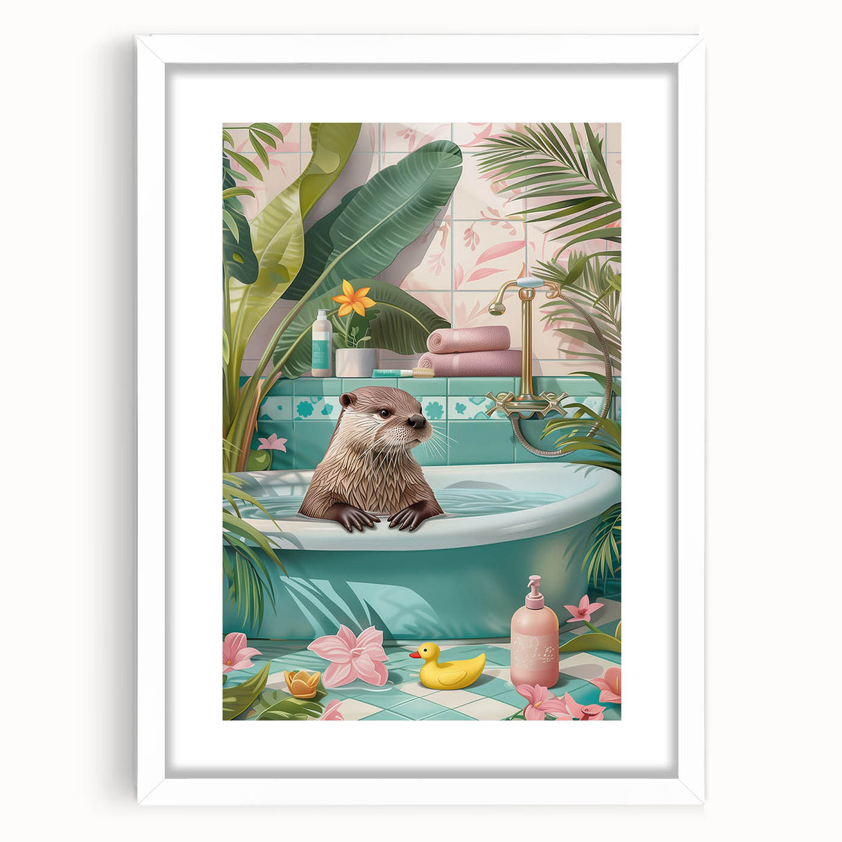 Bathroom Canvas Art - Playful Otter in Tropical Bathtub Scene