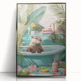 Bathroom Canvas Art - Playful Otter in Tropical Bathtub Scene