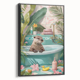 Bathroom Canvas Art - Playful Otter in Tropical Bathtub Scene