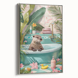 Bathroom Canvas Art - Playful Otter in Tropical Bathtub Scene