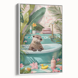 Bathroom Canvas Art - Playful Otter in Tropical Bathtub Scene