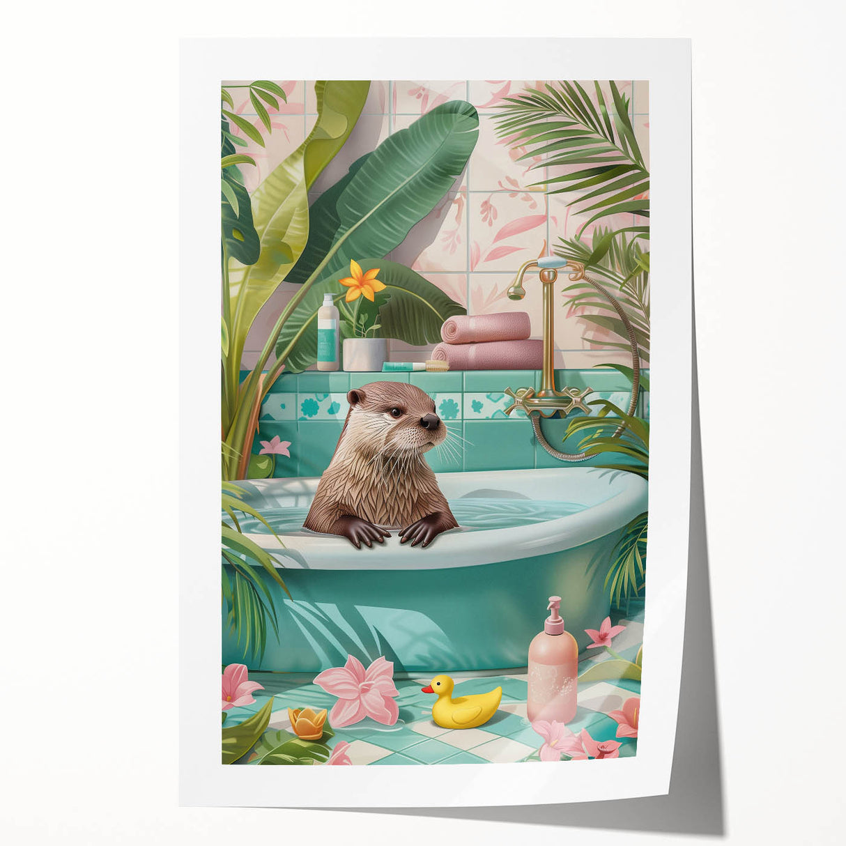 Bathroom Canvas Art - Playful Otter in Tropical Bathtub Scene