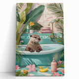 Bathroom Canvas Art - Playful Otter in Tropical Bathtub Scene