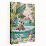 Bathroom Canvas Art - Playful Otter in Tropical Bathtub Scene