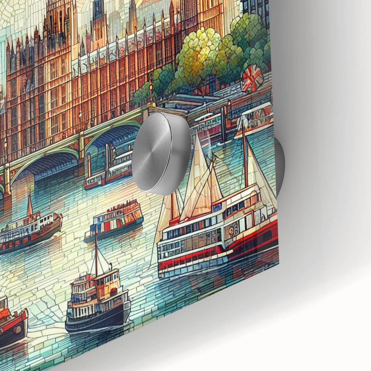 Large abstract depiction of London on acrylic glass, featuring muted earth tones, ideal for dining room art.