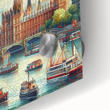 Large abstract depiction of London on acrylic glass, featuring muted earth tones, ideal for dining room art.