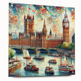 Acrylic print of London skyline in muted colors, suited for bedroom or dining room decor.