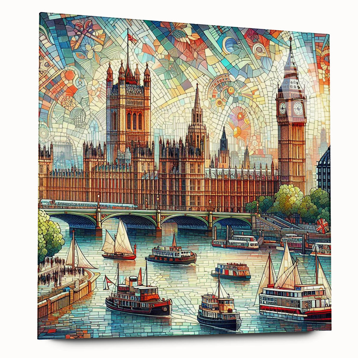 Large abstract depiction of London skyline in muted blues and grays on acrylic glass, ideal for bedroom or dining room art.