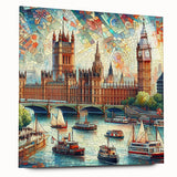 Large abstract depiction of London skyline in muted blues and grays on acrylic glass, ideal for bedroom or dining room art.