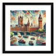 Colorful abstract art print of London scenery in a black frame, ideal for living room decor, featuring vibrant.