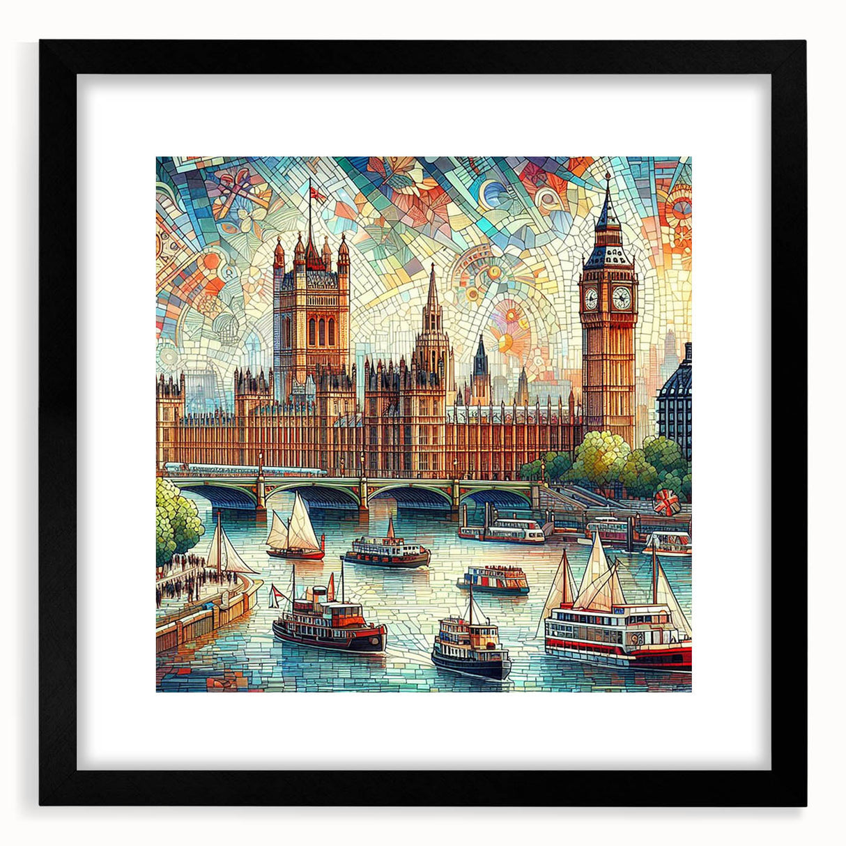 Colorful abstract art print of London scenery in a black frame, ideal for living room decor, featuring vibrant.