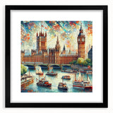 Colorful abstract art print of London scenery in a black frame, ideal for living room decor, featuring vibrant.