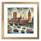Abstract art print of London skyline in muted gray and gold tones, framed with a gold mat, suitable for dining room decor.