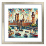 Extra large abstract art print of London scenery in muted gray tones, framed with a silver mat, ideal for living room decor.