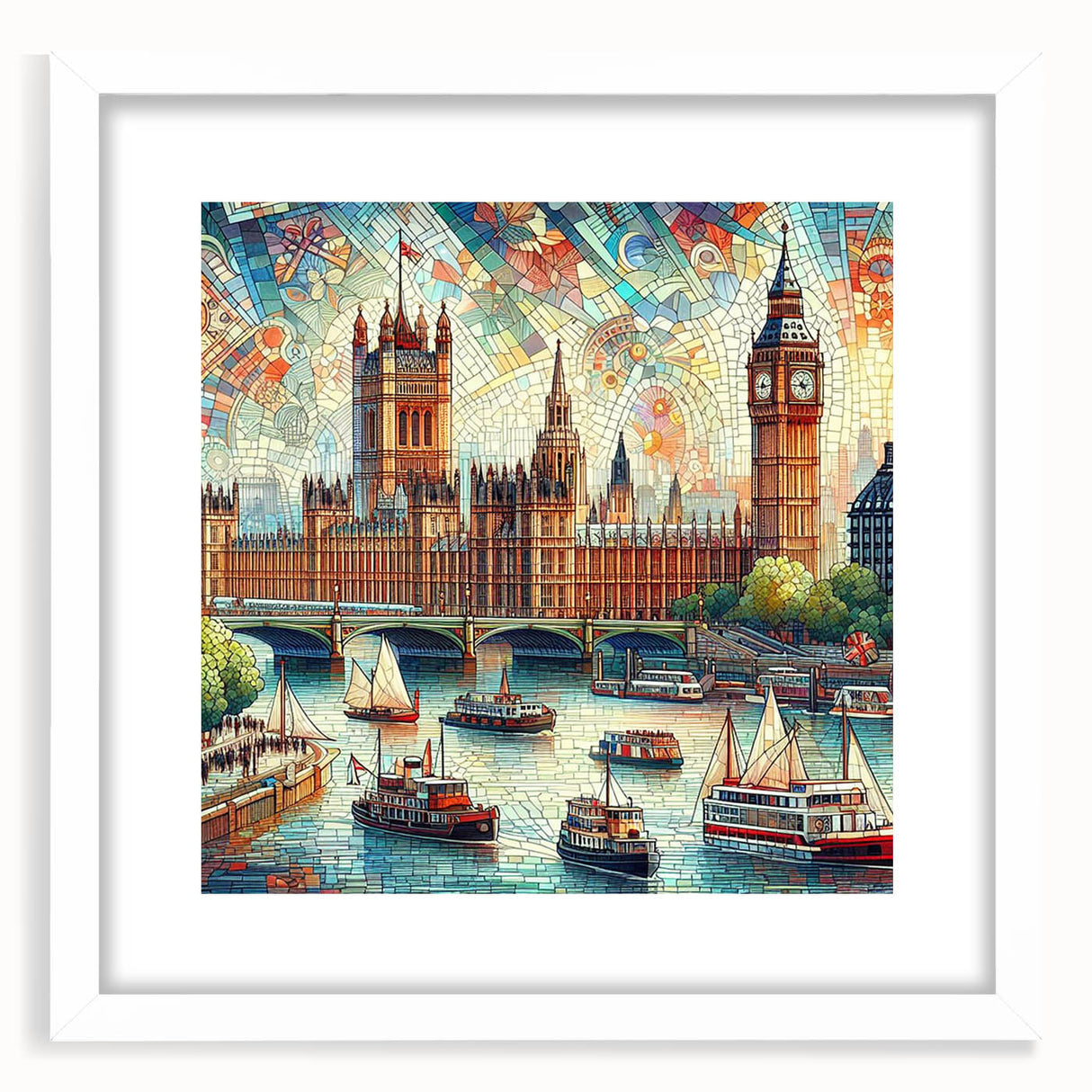 Textured art print of an abstract London skyline in muted gray and blue tones, framed in white, ideal for bedroom art.