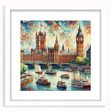 Textured art print of an abstract London skyline in muted gray and blue tones, framed in white, ideal for bedroom art.