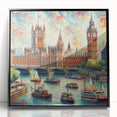 Large abstract wall art depicting the London skyline in muted gray and blue tones on a framed acrylic.