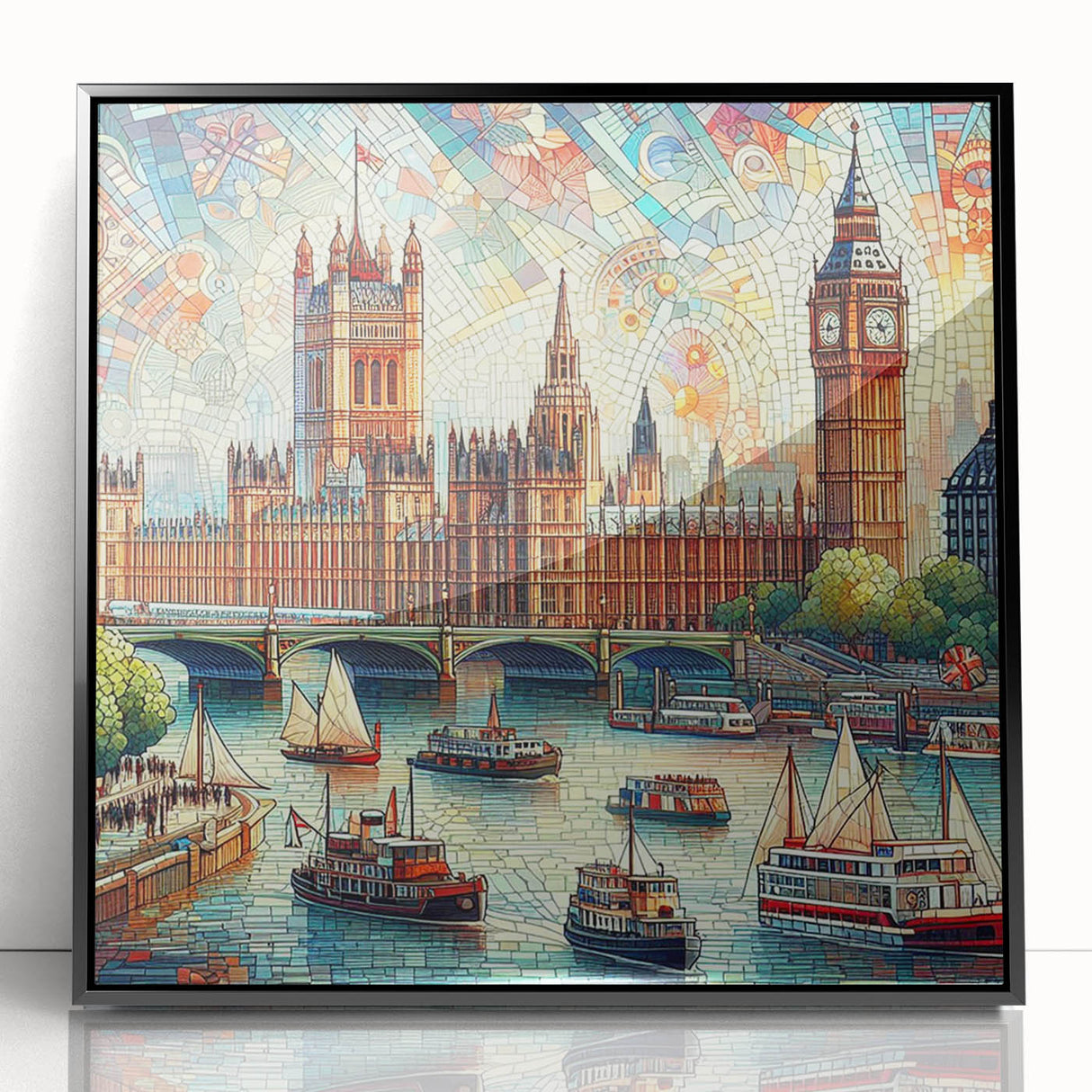 Large abstract wall art depicting the London skyline in muted gray and blue tones on a framed acrylic.