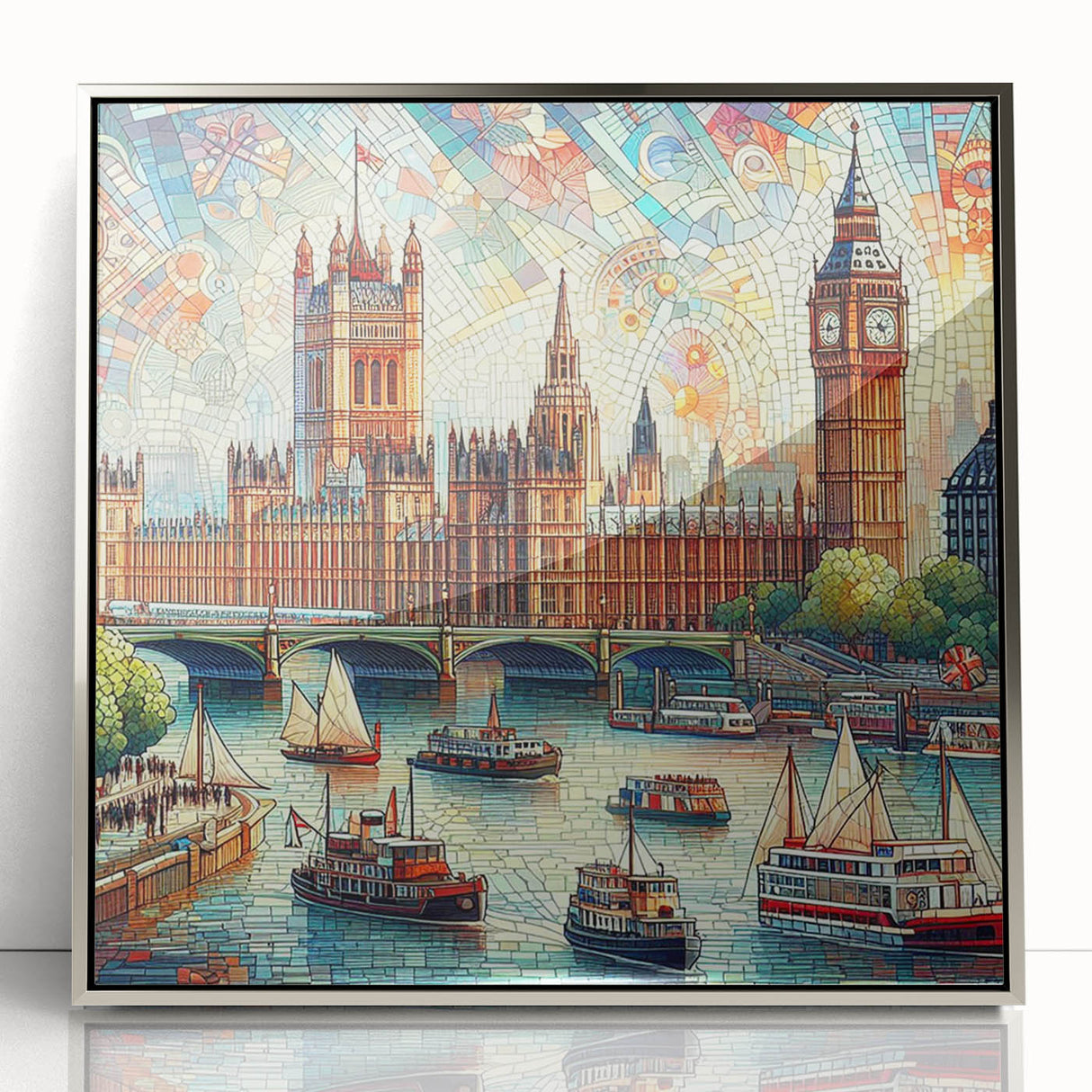 Large acrylic print of London scenery in silver frame, mid-century modernist style, suited for modern decor.