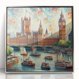 Large acrylic print of London scenery in silver frame, mid-century modernist style, suited for modern decor.