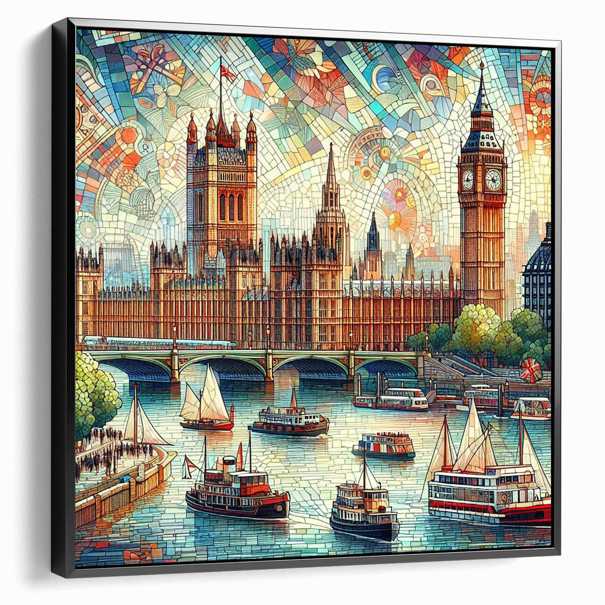 Black and white wall art featuring a vintage poster of the London skyline on framed canvas, ideal for bedroom decor.