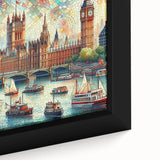 Black wall art depicting a textured London skyline with colorful accents on a framed canvas.